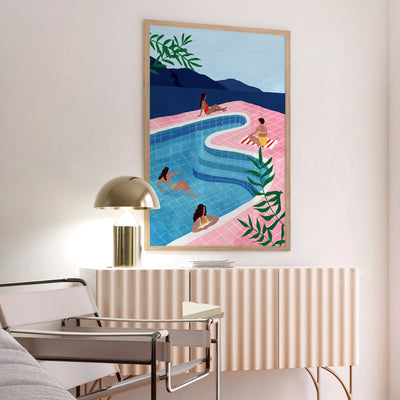 Poolside Chill Illustration - Art Print by Maja Tomljanovic, Poster, Stretched Canvas or Framed Wall Art Prints, shown framed in a room