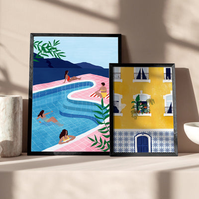 Poolside Chill Illustration - Art Print by Maja Tomljanovic, Poster, Stretched Canvas or Framed Wall Art, shown framed in a home interior space