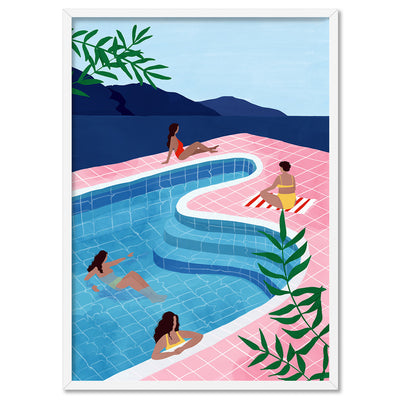 Poolside Chill Illustration - Art Print by Maja Tomljanovic, Poster, Stretched Canvas, or Framed Wall Art Print, shown in a white frame