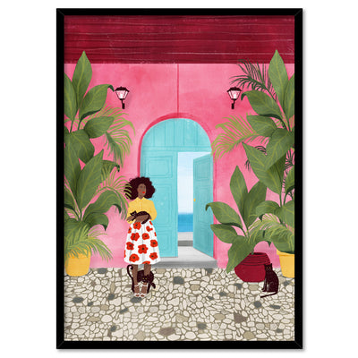 Cat Lady in Cartagena Illustration - Art Print by Maja Tomljanovic, Poster, Stretched Canvas, or Framed Wall Art Print, shown in a black frame