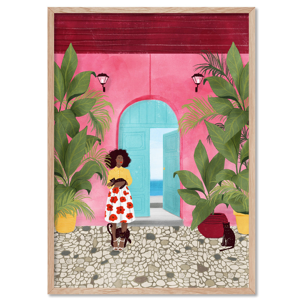 Cat Lady in Cartagena Illustration - Art Print by Maja Tomljanovic, Poster, Stretched Canvas, or Framed Wall Art Print, shown in a natural timber frame