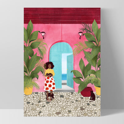 Cat Lady in Cartagena Illustration - Art Print by Maja Tomljanovic, Poster, Stretched Canvas, or Framed Wall Art Print, shown as a stretched canvas or poster without a frame