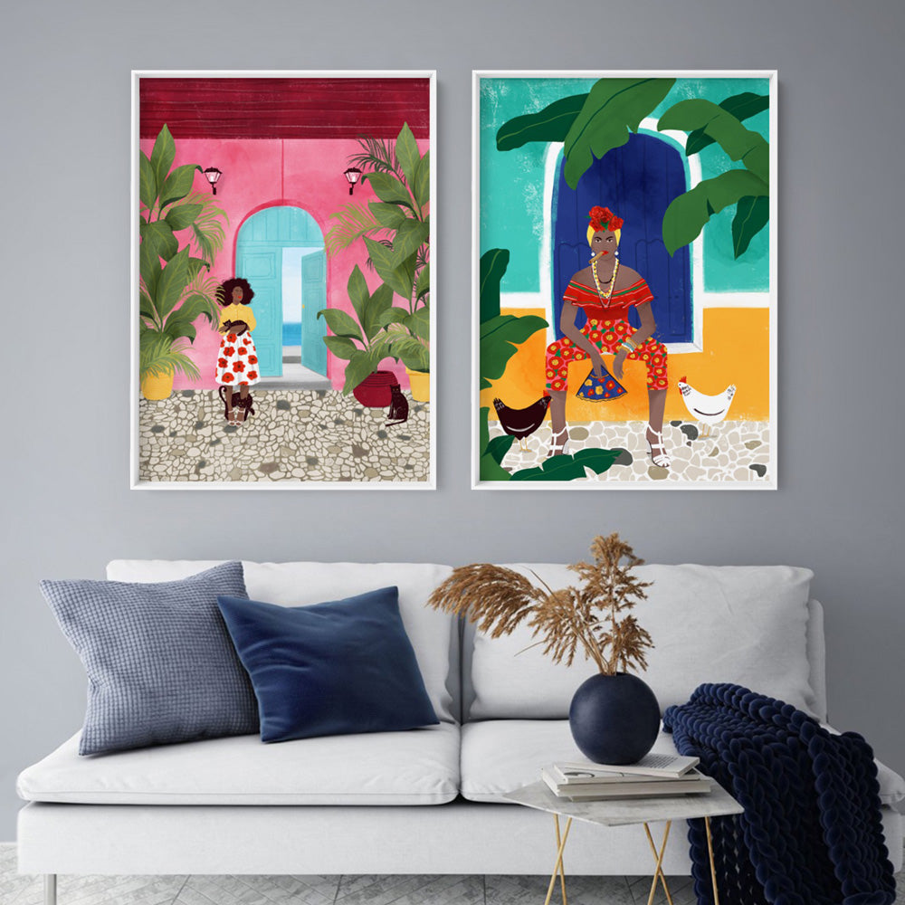 Cat Lady in Cartagena Illustration - Art Print by Maja Tomljanovic, Poster, Stretched Canvas or Framed Wall Art, shown framed in a home interior space