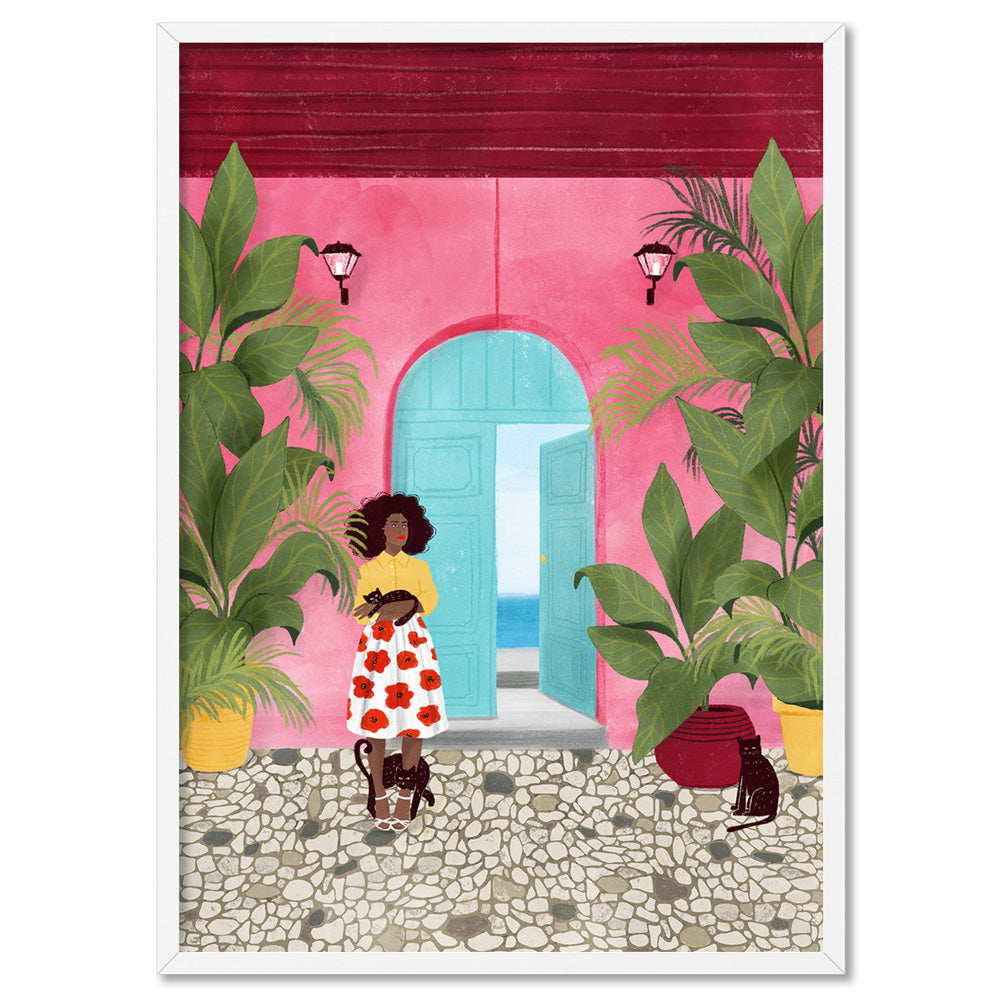 Cat Lady in Cartagena Illustration - Art Print by Maja Tomljanovic, Poster, Stretched Canvas, or Framed Wall Art Print, shown in a white frame