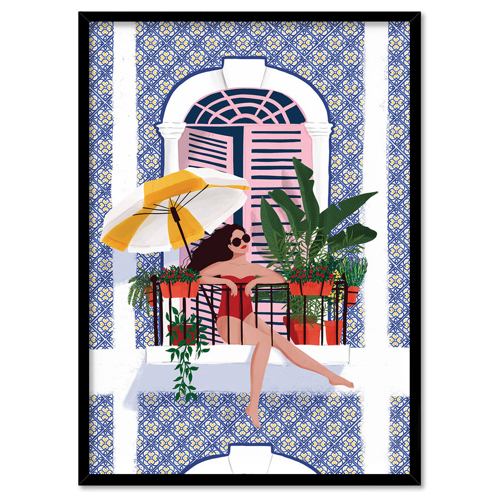 Holiday Villa Chill Illustration - Art Print by Maja Tomljanovic, Poster, Stretched Canvas, or Framed Wall Art Print, shown in a black frame