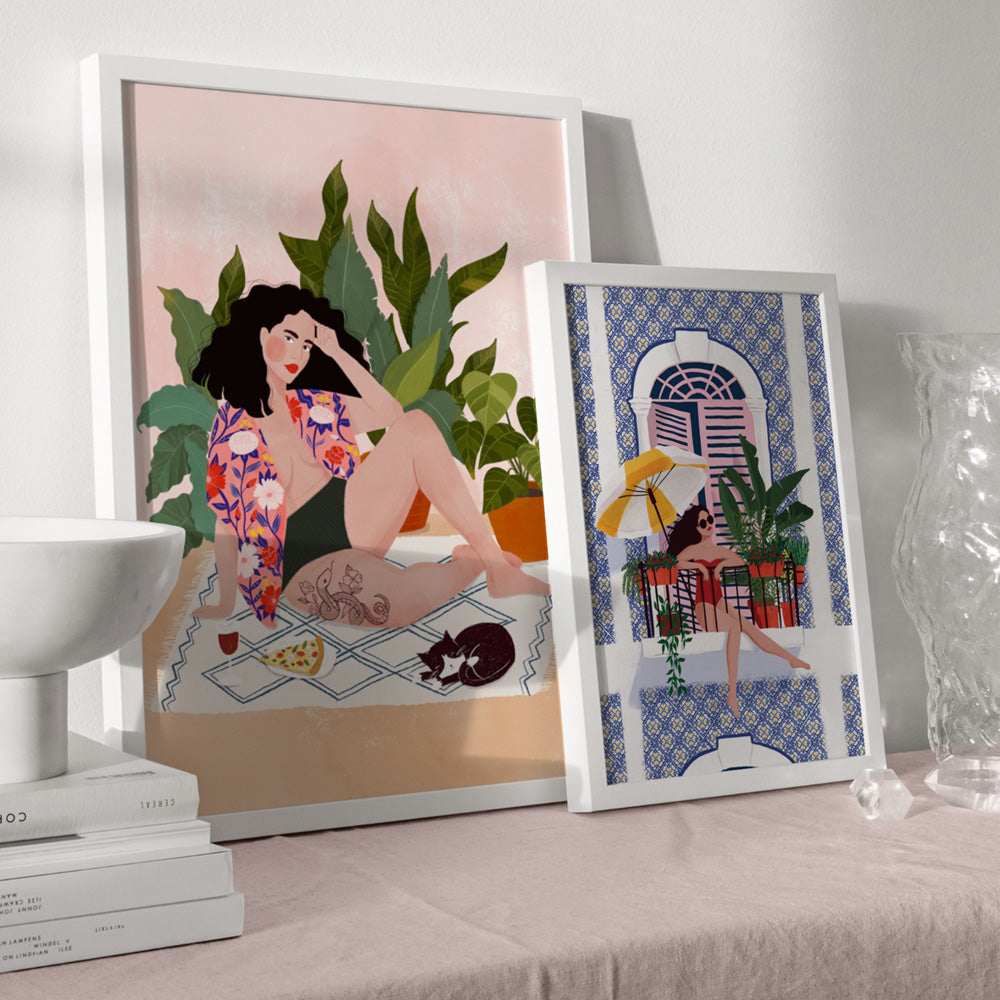 Holiday Villa Chill Illustration - Art Print by Maja Tomljanovic, Poster, Stretched Canvas or Framed Wall Art, shown framed in a home interior space