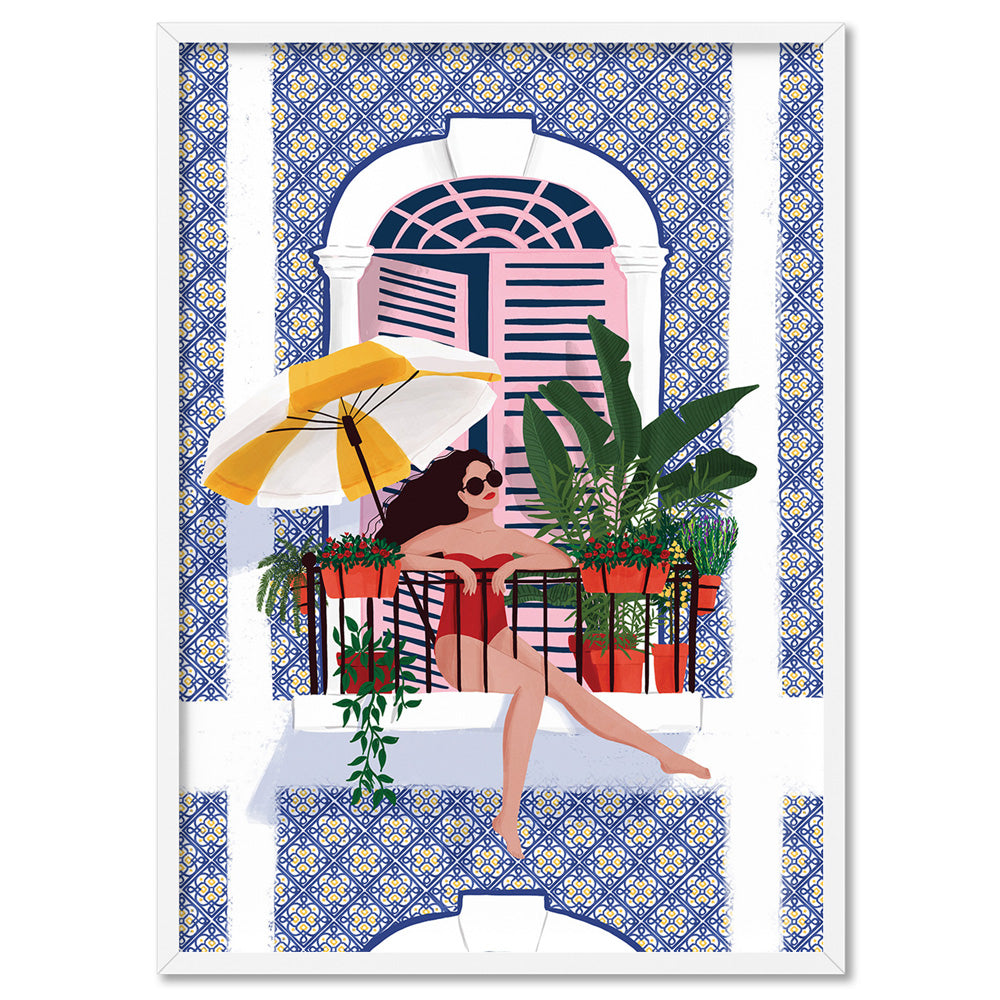 Holiday Villa Chill Illustration - Art Print by Maja Tomljanovic, Poster, Stretched Canvas, or Framed Wall Art Print, shown in a white frame