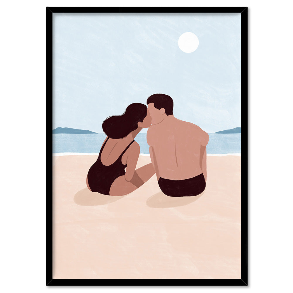 Beach Kiss Illustration - Art Print by Maja Tomljanovic, Poster, Stretched Canvas, or Framed Wall Art Print, shown in a black frame