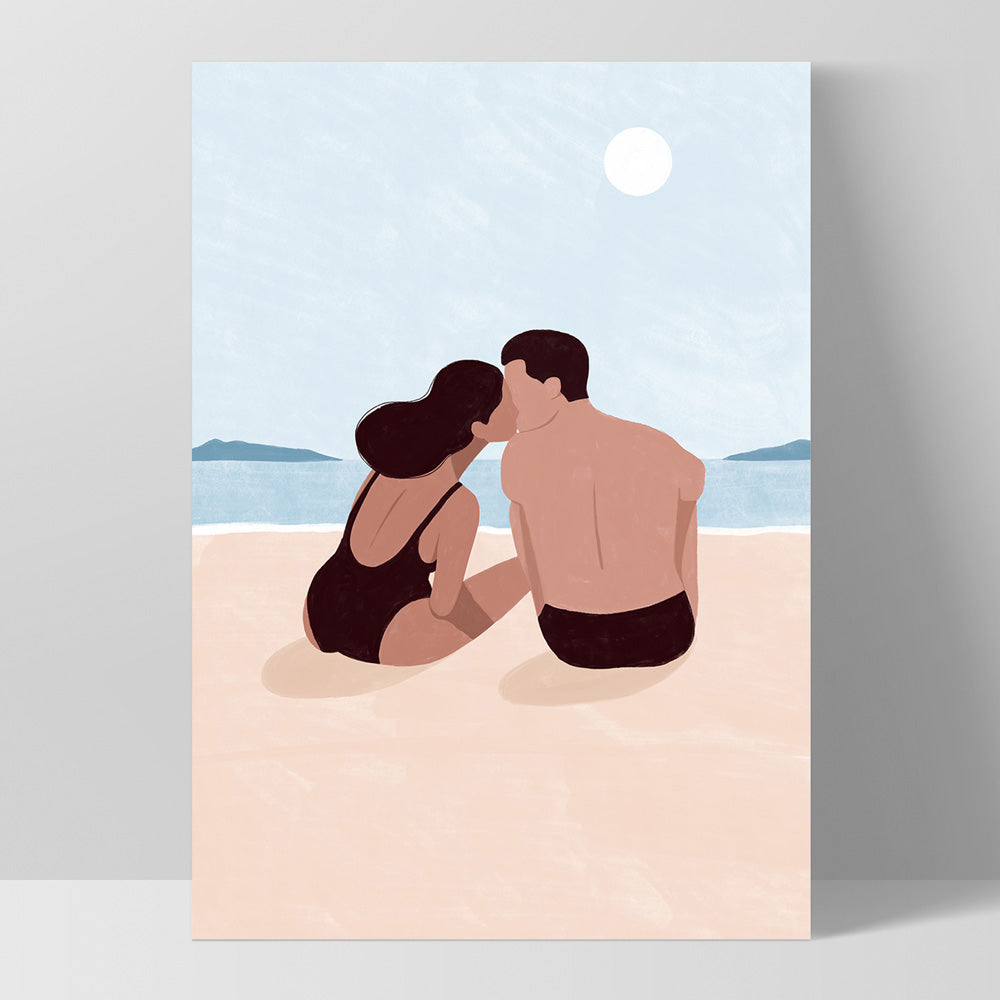Beach Kiss Illustration - Art Print by Maja Tomljanovic, Poster, Stretched Canvas, or Framed Wall Art Print, shown as a stretched canvas or poster without a frame