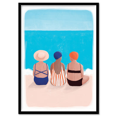 Bondi Beach Gang Illustration - Art Print by Maja Tomljanovic, Poster, Stretched Canvas, or Framed Wall Art Print, shown in a black frame