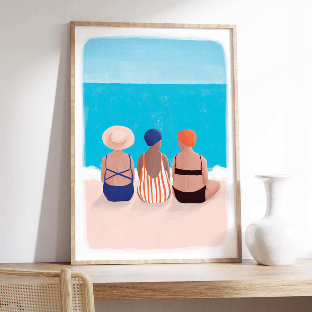 Bondi Beach Gang Illustration - Art Print by Maja Tomljanovic, Poster, Stretched Canvas or Framed Wall Art Prints, shown framed in a room