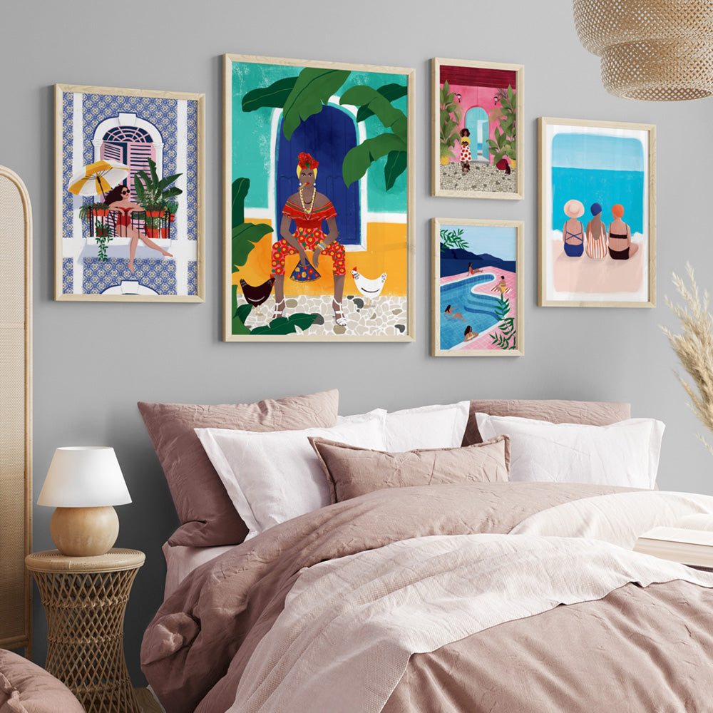 Bondi Beach Gang Illustration - Art Print by Maja Tomljanovic, Poster, Stretched Canvas or Framed Wall Art, shown framed in a home interior space