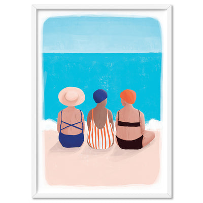 Bondi Beach Gang Illustration - Art Print by Maja Tomljanovic, Poster, Stretched Canvas, or Framed Wall Art Print, shown in a white frame