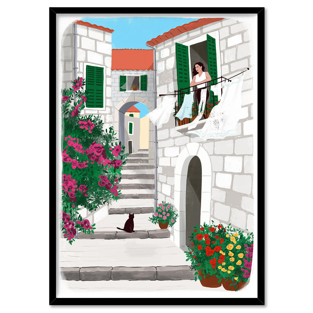 Summer in Greece Illustration - Art Print by Maja Tomljanovic, Poster, Stretched Canvas, or Framed Wall Art Print, shown in a black frame
