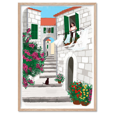 Summer in Greece Illustration - Art Print by Maja Tomljanovic, Poster, Stretched Canvas, or Framed Wall Art Print, shown in a natural timber frame