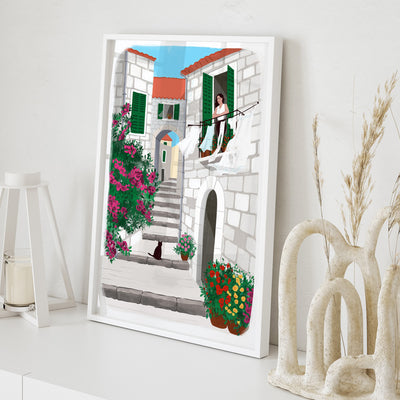 Summer in Greece Illustration - Art Print by Maja Tomljanovic, Poster, Stretched Canvas or Framed Wall Art Prints, shown framed in a room