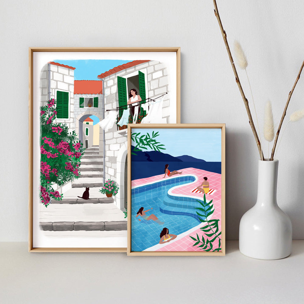 Summer in Greece Illustration - Art Print by Maja Tomljanovic, Poster, Stretched Canvas or Framed Wall Art, shown framed in a home interior space
