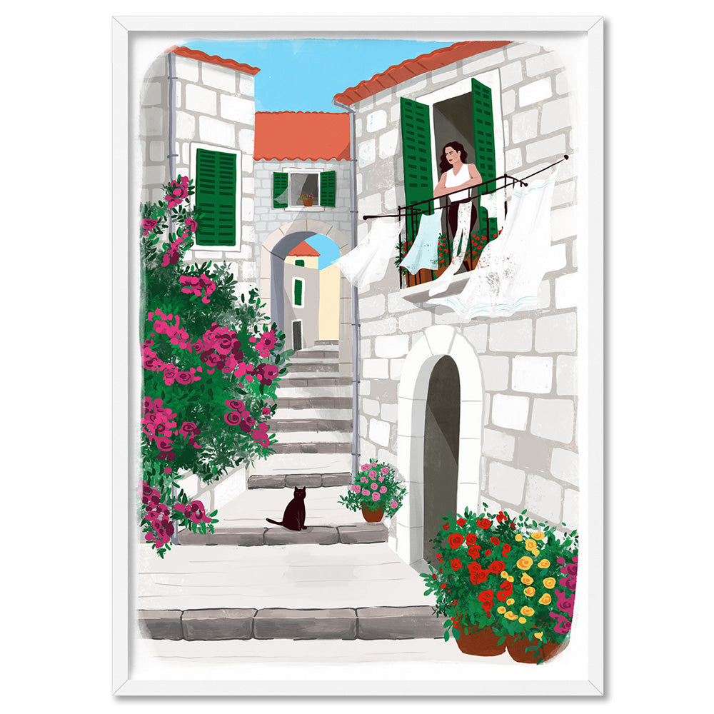 Summer in Greece Illustration - Art Print by Maja Tomljanovic, Poster, Stretched Canvas, or Framed Wall Art Print, shown in a white frame