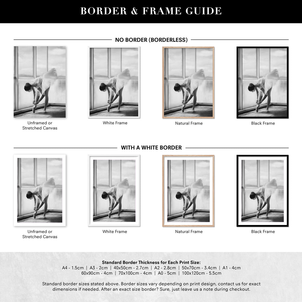 Ballerina Pose VIII - Art Print, Poster, Stretched Canvas or Framed Wall Art, Showing White , Black, Natural Frame Colours, No Frame (Unframed) or Stretched Canvas, and With or Without White Borders