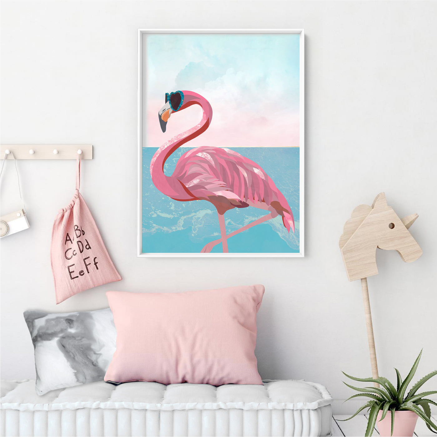 Flamingo Pop - Art Print, Poster, Stretched Canvas or Framed Wall Art Prints, shown framed in a room