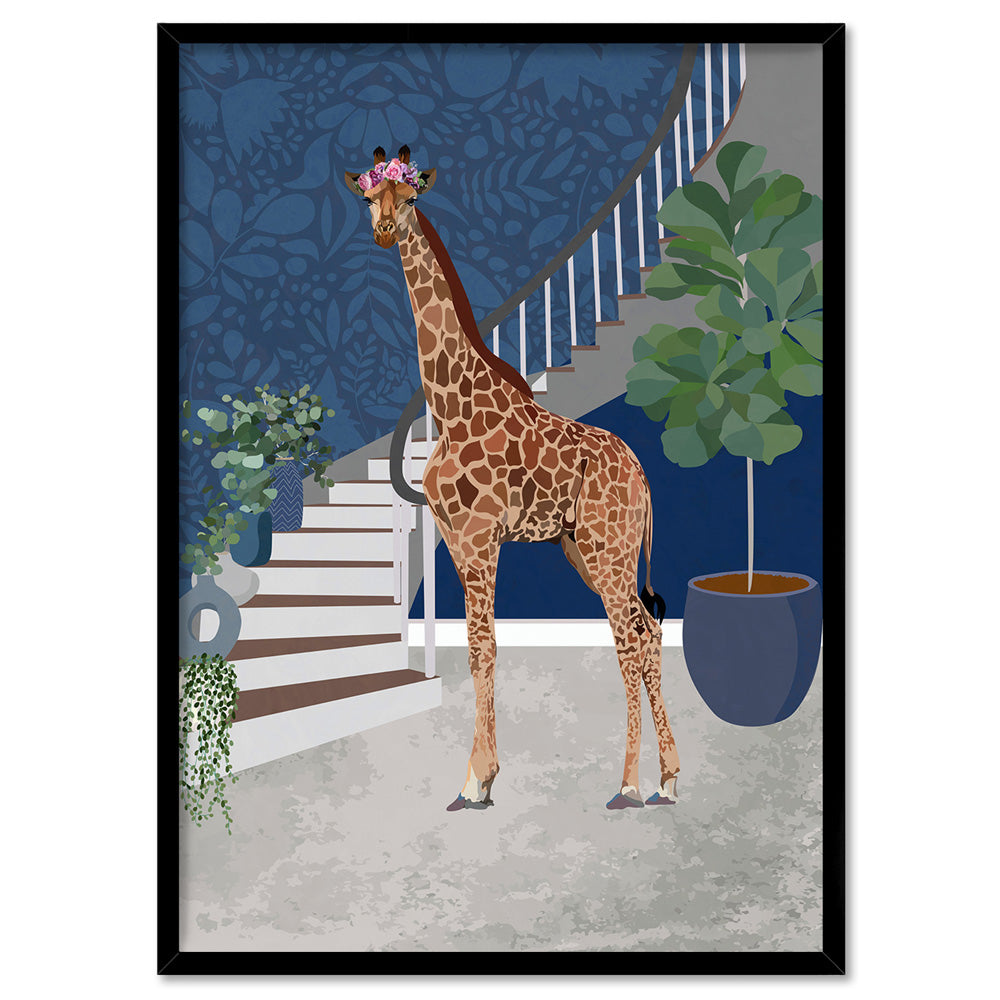 Giraffe in the House - Art Print, Poster, Stretched Canvas, or Framed Wall Art Print, shown in a black frame