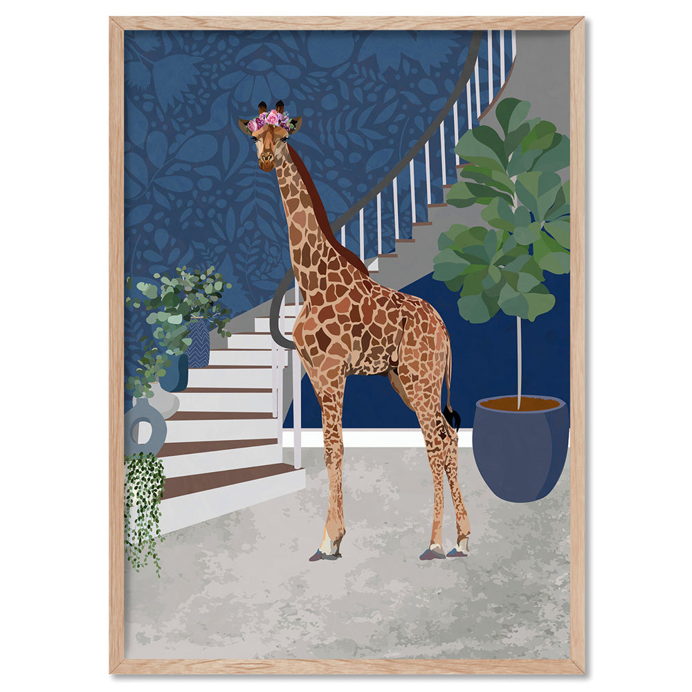 Giraffe in the House - Art Print, Poster, Stretched Canvas, or Framed Wall Art Print, shown in a natural timber frame