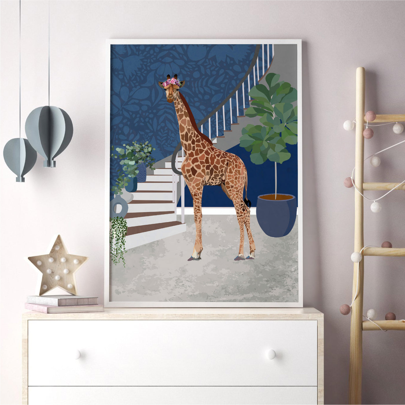 Giraffe in the House - Art Print, Poster, Stretched Canvas or Framed Wall Art Prints, shown framed in a room