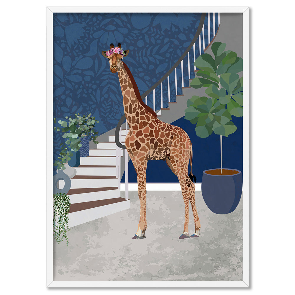 Giraffe in the House - Art Print, Poster, Stretched Canvas, or Framed Wall Art Print, shown in a white frame