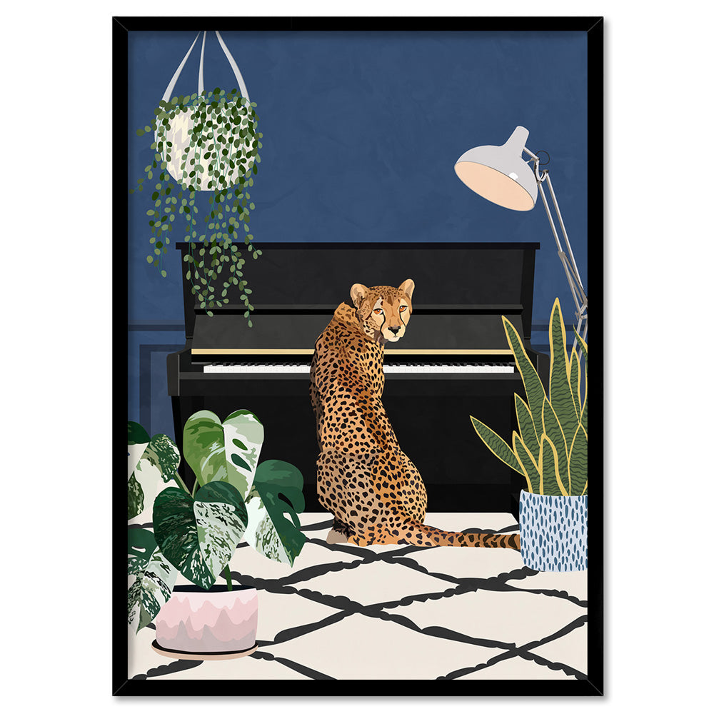 Leopard in the House - Art Print, Poster, Stretched Canvas, or Framed Wall Art Print, shown in a black frame