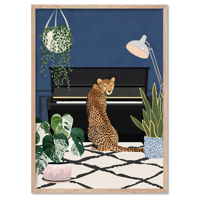 Leopard in the House - Art Print, Poster, Stretched Canvas, or Framed Wall Art Print, shown in a natural timber frame