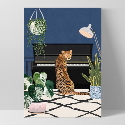 Leopard in the House - Art Print, Poster, Stretched Canvas, or Framed Wall Art Print, shown as a stretched canvas or poster without a frame