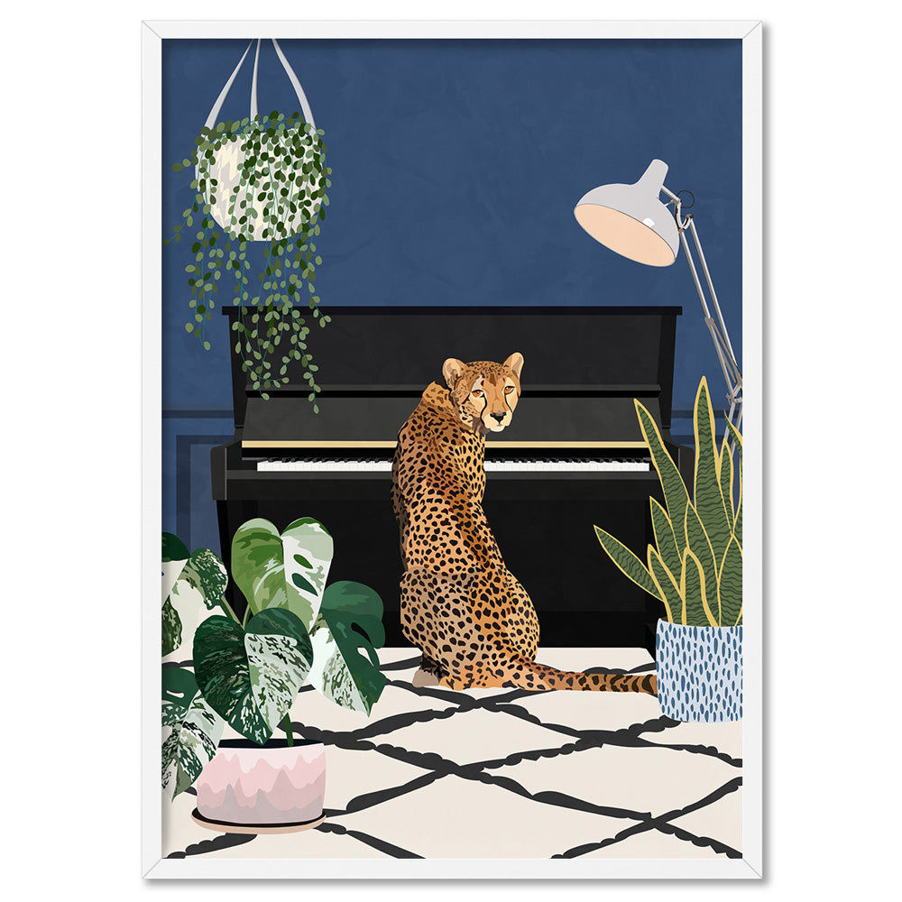 Leopard in the House - Art Print, Poster, Stretched Canvas, or Framed Wall Art Print, shown in a white frame