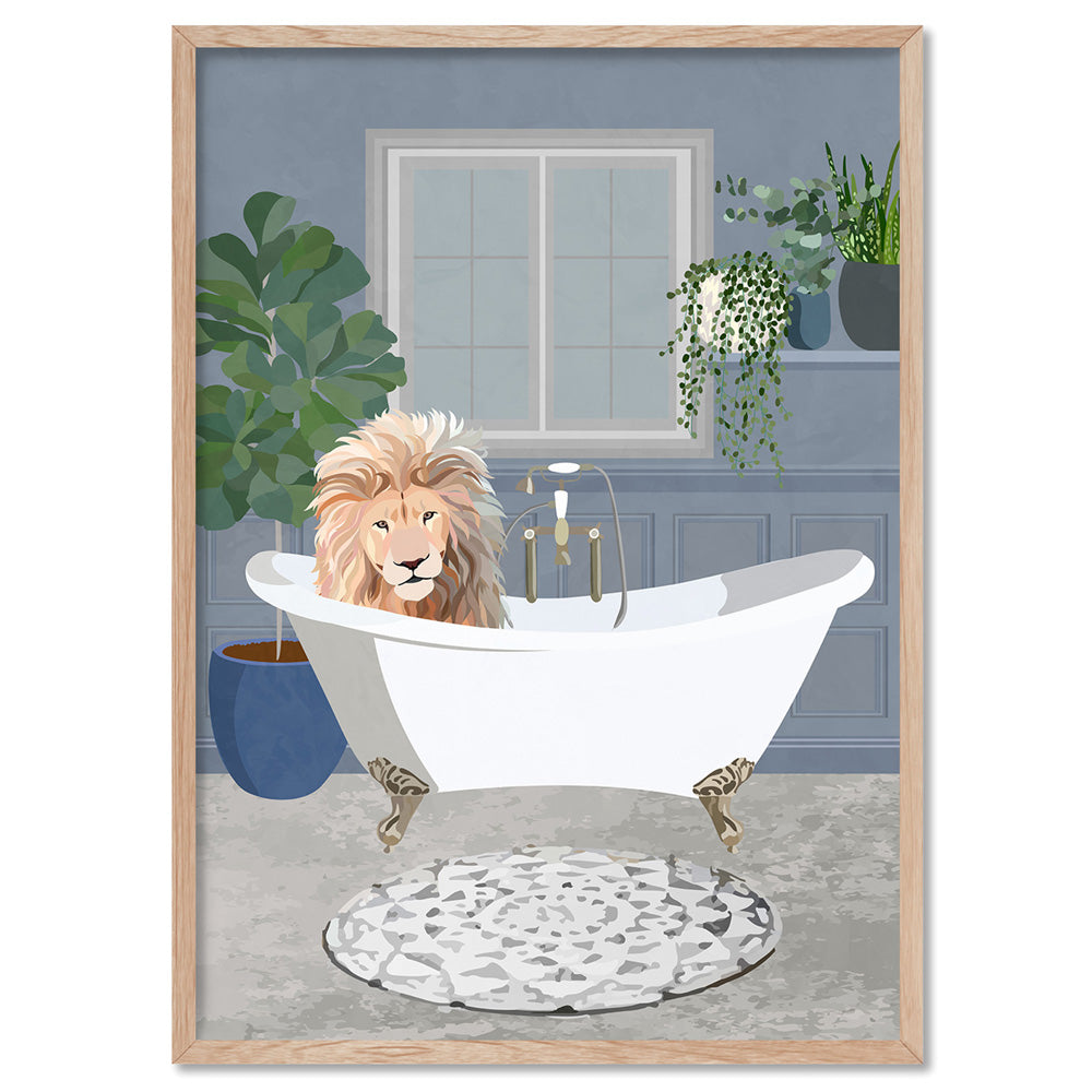 Lion in the Tub - Art Print, Poster, Stretched Canvas, or Framed Wall Art Print, shown in a natural timber frame
