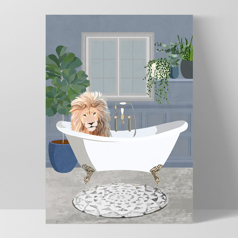 Lion in the Tub - Art Print, Poster, Stretched Canvas, or Framed Wall Art Print, shown as a stretched canvas or poster without a frame