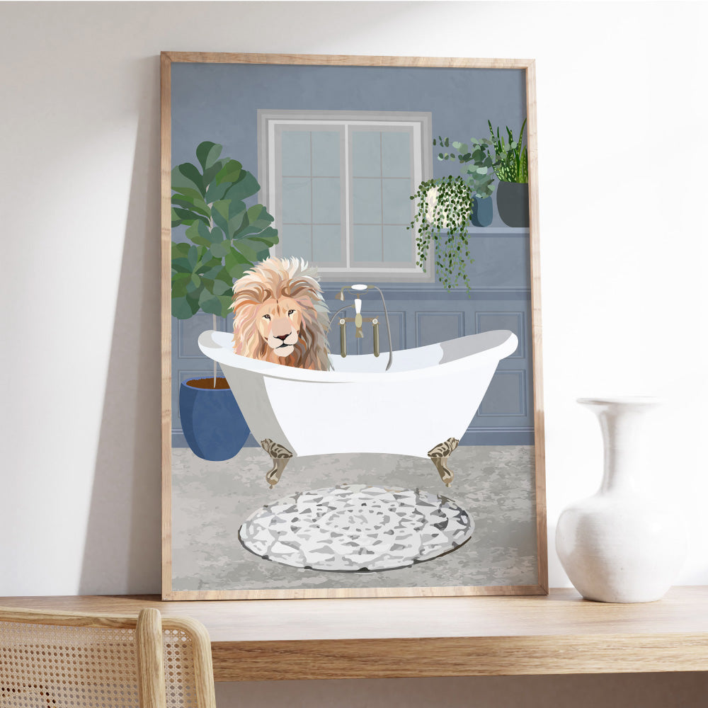 Lion in the Tub - Art Print, Poster, Stretched Canvas or Framed Wall Art Prints, shown framed in a room