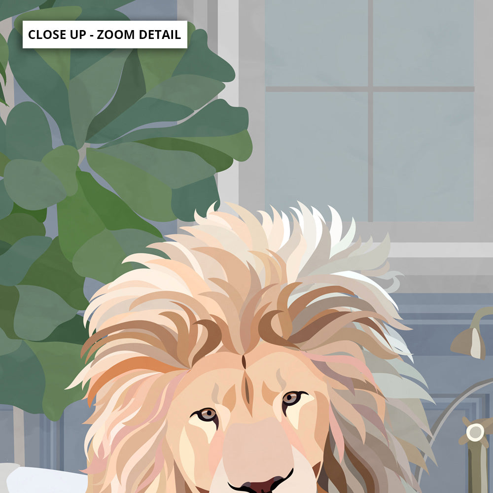 Lion in the Tub - Art Print, Poster, Stretched Canvas or Framed Wall Art, Close up View of Print Resolution