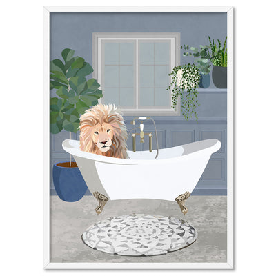 Lion in the Tub - Art Print, Poster, Stretched Canvas, or Framed Wall Art Print, shown in a white frame