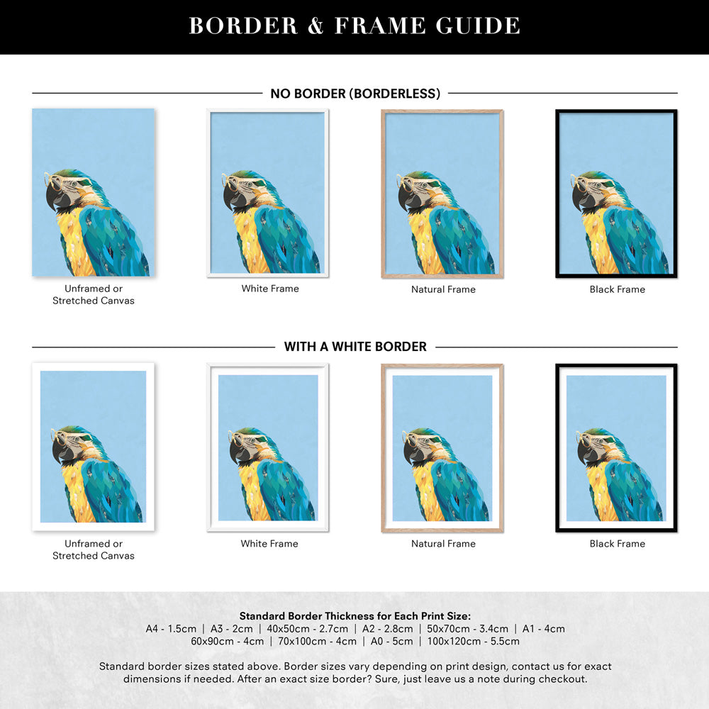 Parrot Pop - Art Print, Poster, Stretched Canvas or Framed Wall Art, Showing White , Black, Natural Frame Colours, No Frame (Unframed) or Stretched Canvas, and With or Without White Borders
