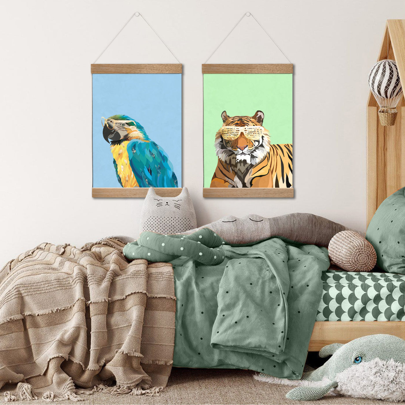 Parrot Pop - Art Print, Poster, Stretched Canvas or Framed Wall Art Prints, shown framed in a room