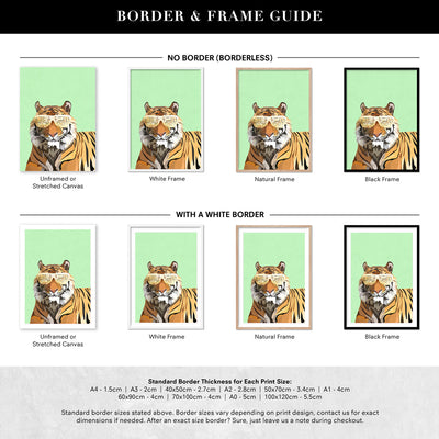Tiger Pop - Art Print, Poster, Stretched Canvas or Framed Wall Art, Showing White , Black, Natural Frame Colours, No Frame (Unframed) or Stretched Canvas, and With or Without White Borders