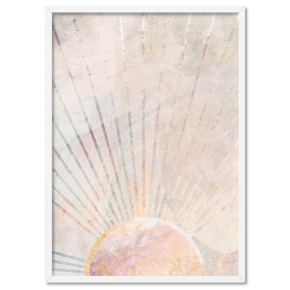 Boho Rising Sun Illustration - Art Print, Poster, Stretched Canvas, or Framed Wall Art Print, shown in a white frame