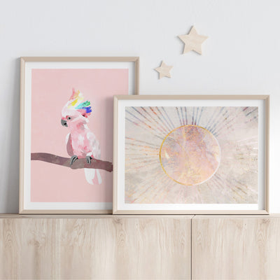 Galah Pop - Art Print, Poster, Stretched Canvas or Framed Wall Art, shown framed in a home interior space