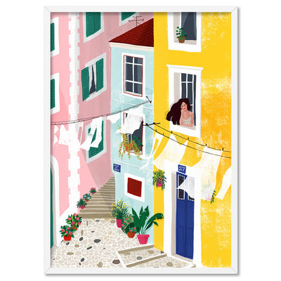 Cinque Terre Breeze Illustration - Art Print by Maja Tomljanovic, Poster, Stretched Canvas, or Framed Wall Art Print, shown in a white frame