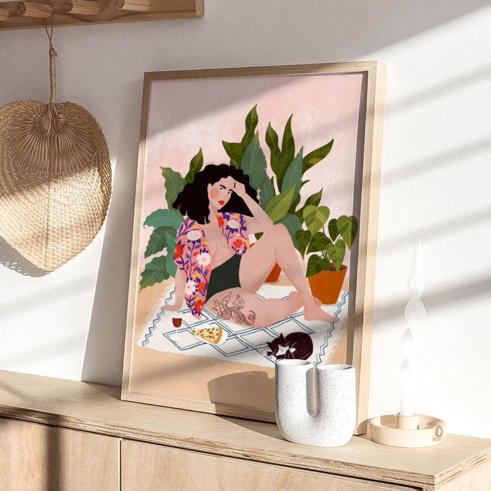 Sunday Chill Day Illustration - Art Print by Maja Tomljanovic, Poster, Stretched Canvas or Framed Wall Art Prints, shown framed in a room