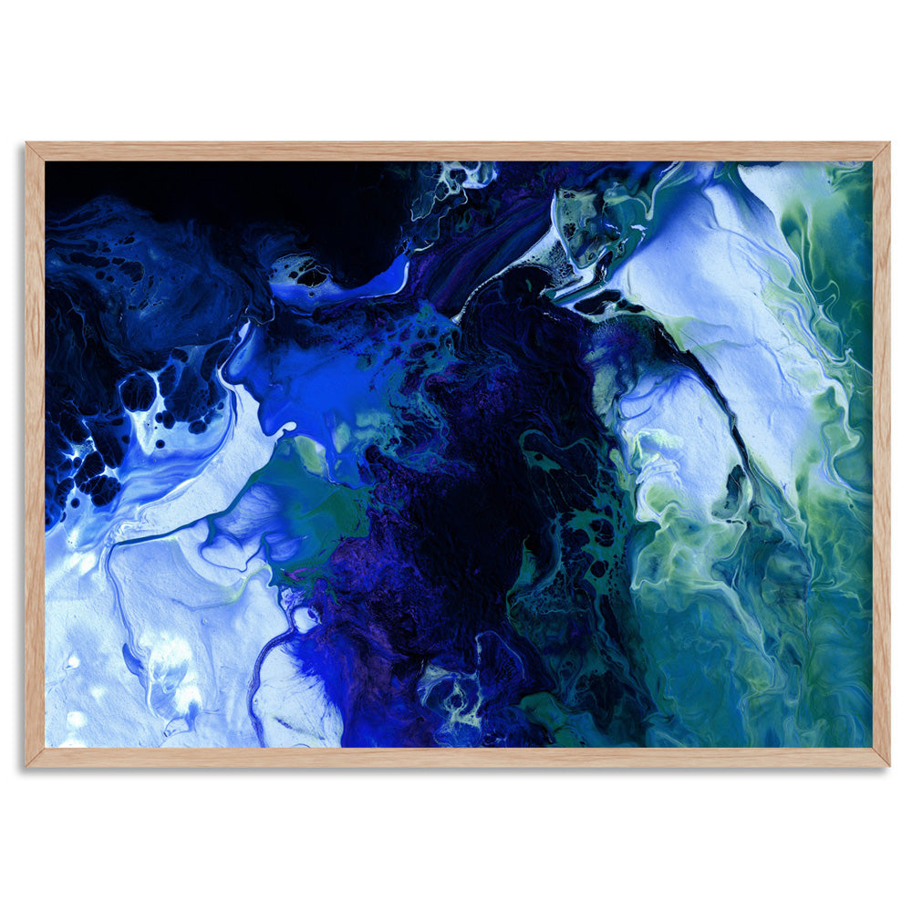 Abstract Fluid Paint in Blues - Art Print, Poster, Stretched Canvas, or Framed Wall Art Print, shown in a natural timber frame