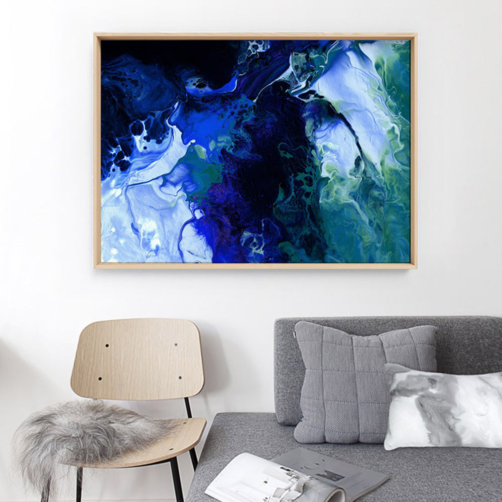 Abstract Fluid Paint in Blues - Art Print, Poster, Stretched Canvas or Framed Wall Art, shown framed in a home interior space