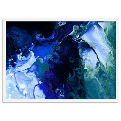 Abstract Fluid Paint in Blues - Art Print, Poster, Stretched Canvas, or Framed Wall Art Print, shown in a white frame