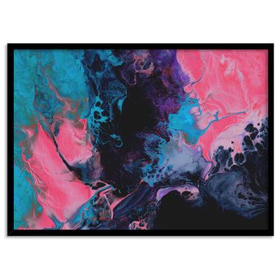 Abstract Fluid Paint in Turquoise & Pinks - Art Print, Poster, Stretched Canvas, or Framed Wall Art Print, shown in a black frame