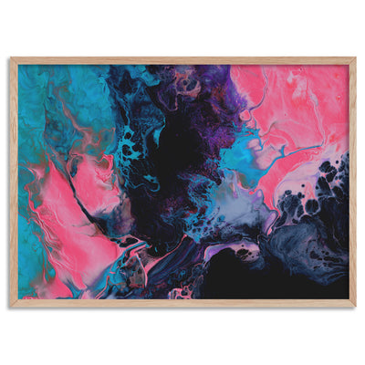 Abstract Fluid Paint in Turquoise & Pinks - Art Print, Poster, Stretched Canvas, or Framed Wall Art Print, shown in a natural timber frame