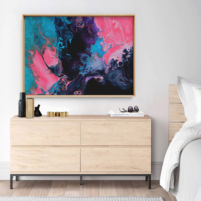 Abstract Fluid Paint in Turquoise & Pinks - Art Print, Poster, Stretched Canvas or Framed Wall Art, shown framed in a room